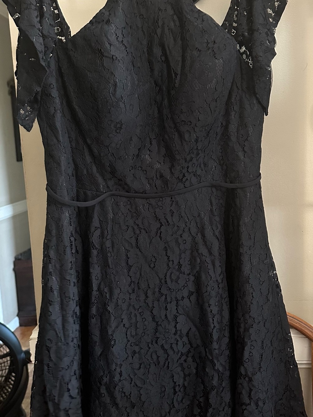 Christina Wu Black Lace Midi Dress with Cap Sleeves